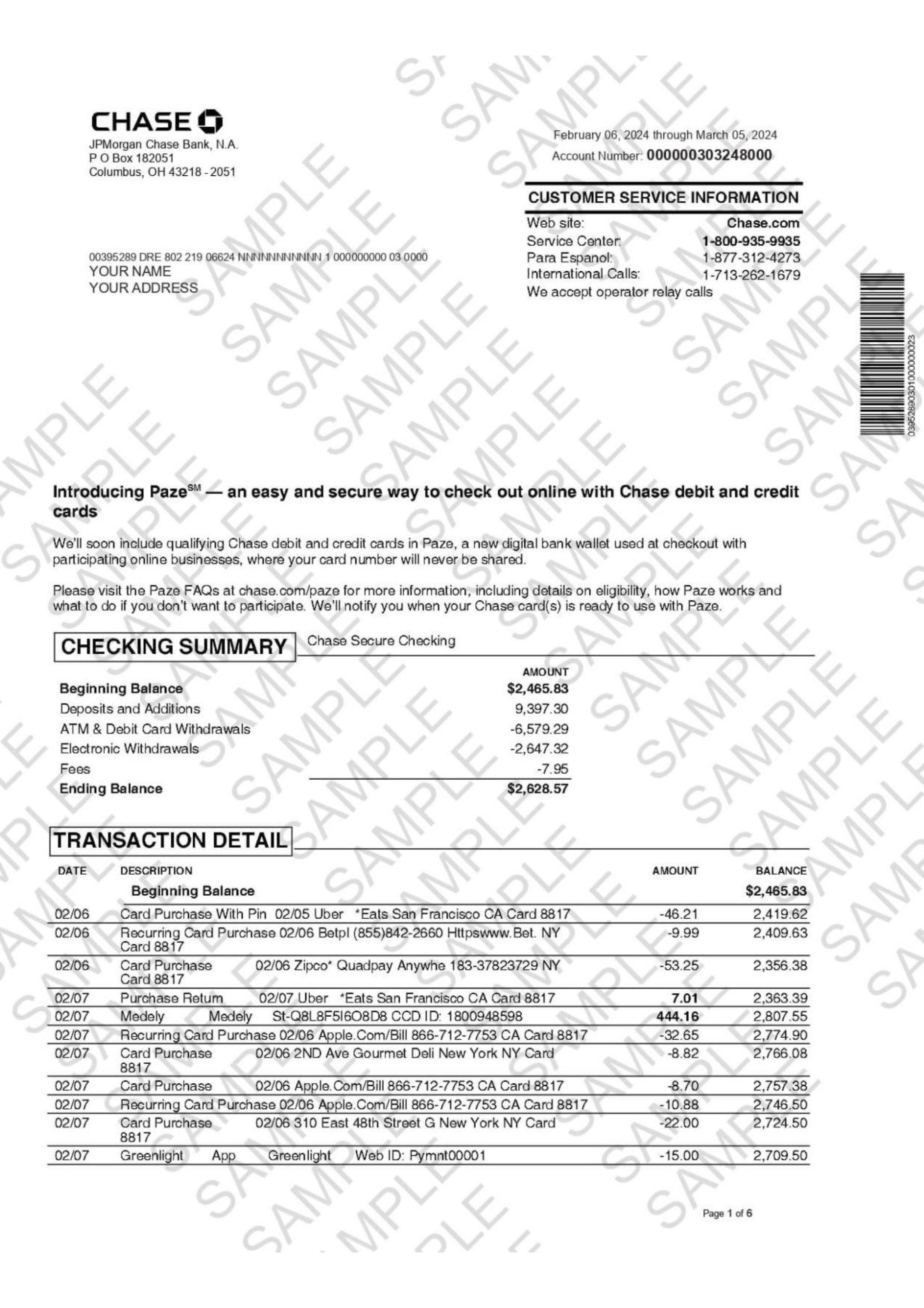 Chase Personal Bank Statement